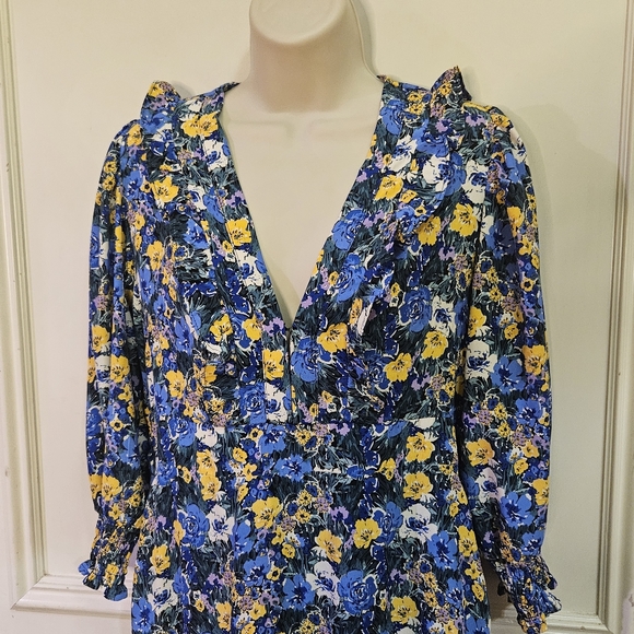 Code x Mode Blue/Yellow Multi-Color Floral Prairie Core Ruffle Maxi Dress, Large - Picture 9 of 16